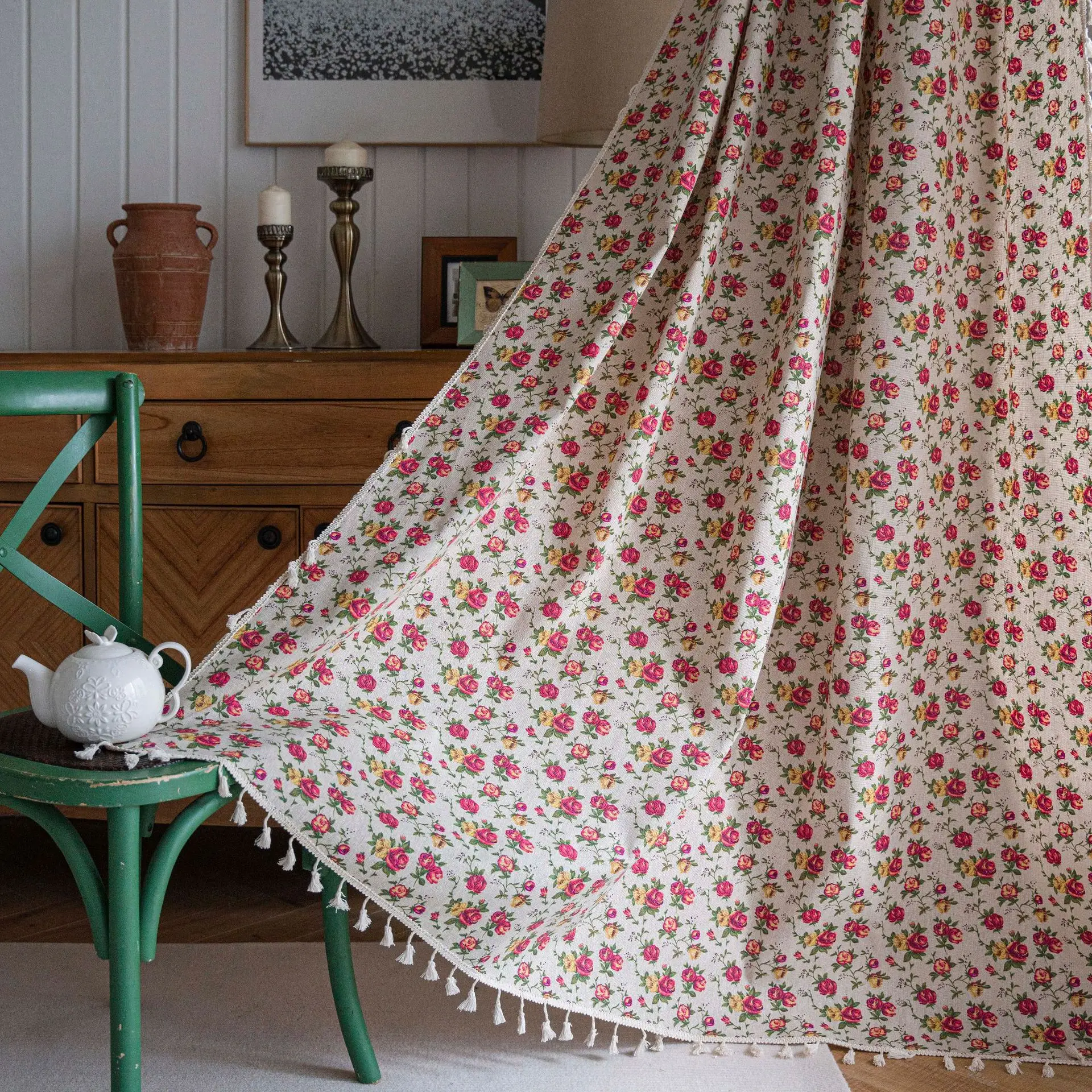 

Finished fresh cotton and linen printing curtain for living room small window kitchen curtain with tassel cotton linen curtains