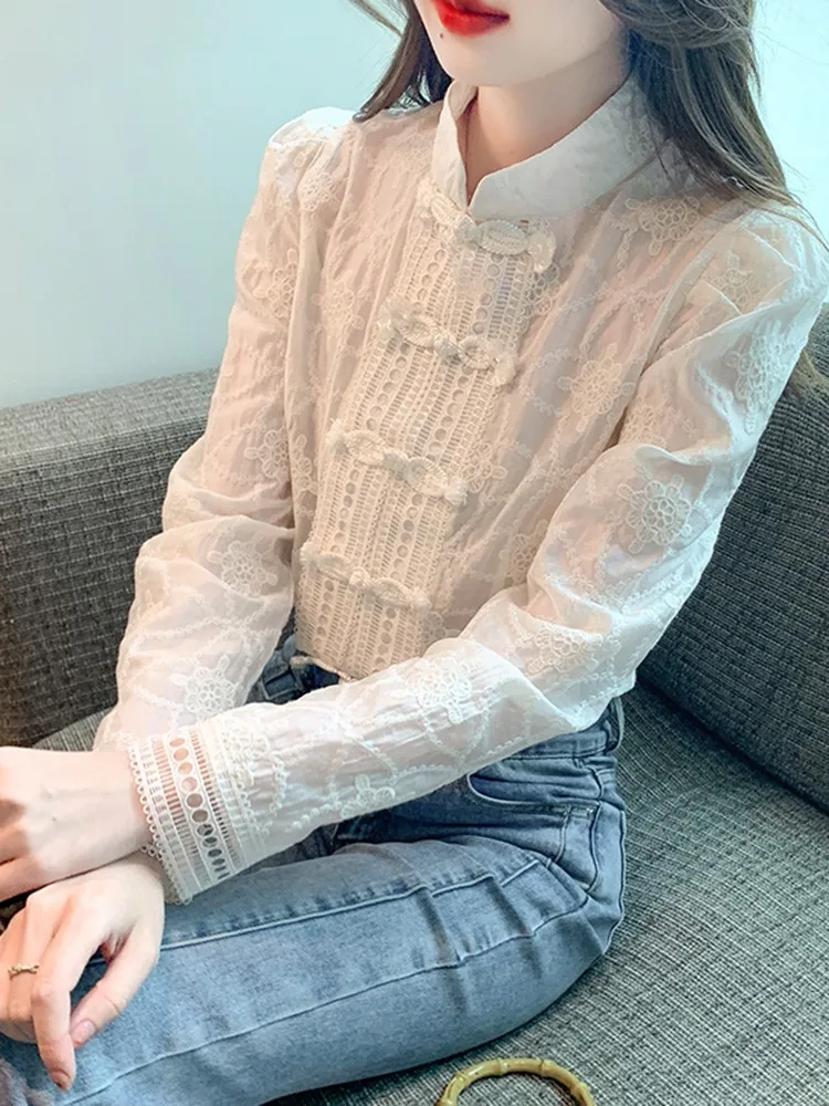 Рубашка женская с длинным рукавом винтажный элегантный топ в китайском стиле