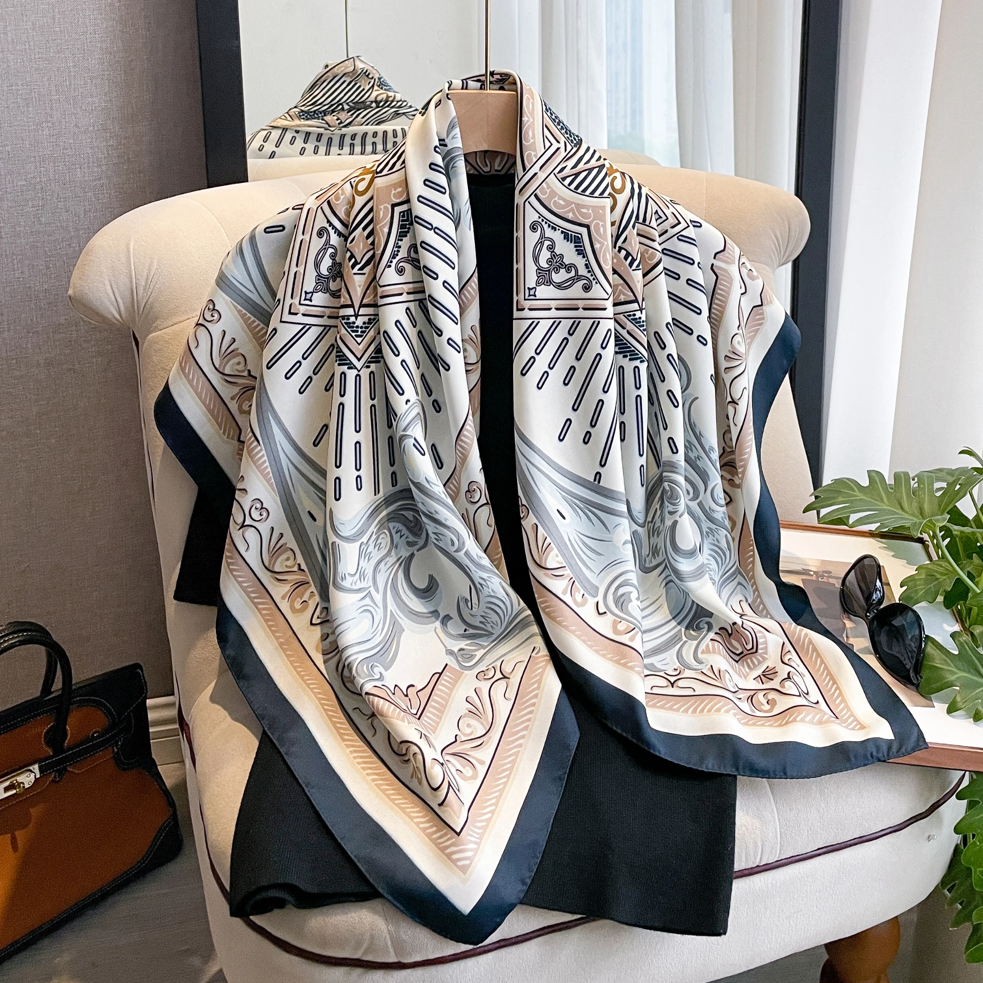 90*90 см шелковые шарфы женские саржевые с принтом квадратная голова хиджаб