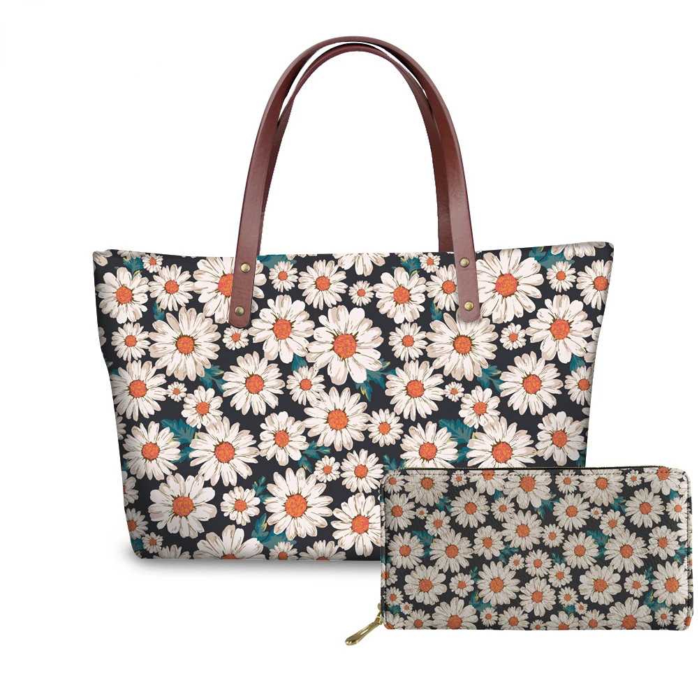 

2pcs/set Daisy Print Women Handbags with Long Wallets Shoulder Bags Neoprene Ladies Tote Beach Bag for Women's