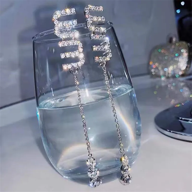 

Trendy Charm Tassel Crystal Letter Silver Color Dangle Earrings for Women Fashion Long Drop Earring Luxury Party Jewelry