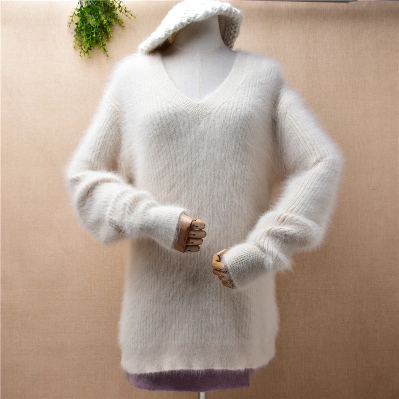 

Женская осенне-зимняя одежда из бежевого меха норки и кашемира, вязаный полосатый Свободный пуловер с V-образным вырезом, джемпер из ангоры, свитер