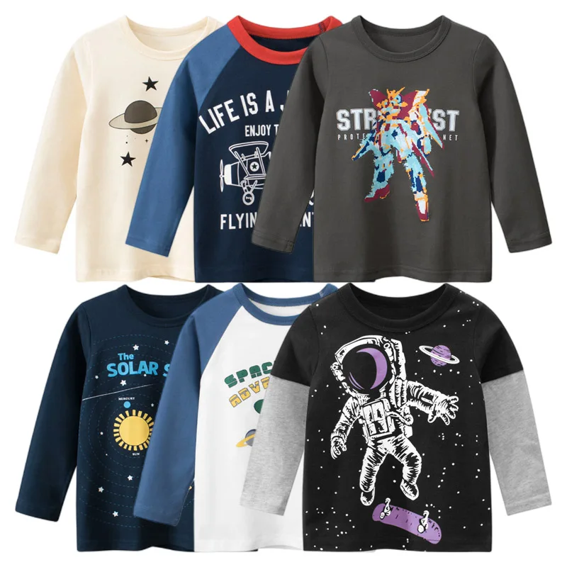 

2023 Autumn Sweatshirt Boys Girls Cartoon Astronaut T-shirts Children's Long Sleeve Rocket Cotton Tops Child Space Kids Clothes