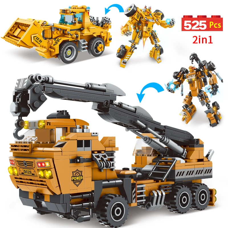 525PCS City 2 in 1 Engineering Transformation Robot Vehicle Building Blocks Bulldozer Crane Truck Car Bricks Toys For Kids Gifts