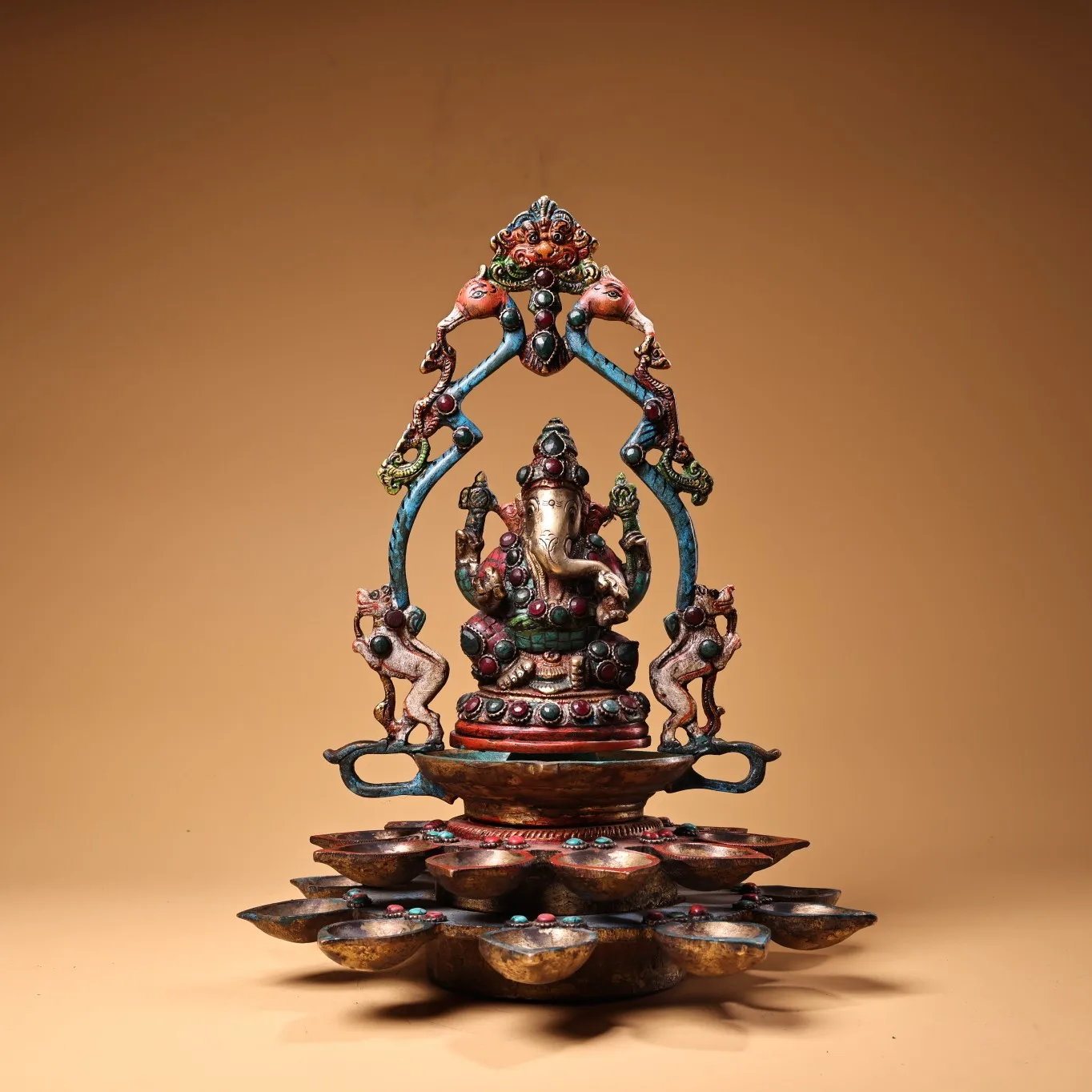 

12"Tibet Temple Collection Old Bronze Outline in gold Mosaic Gem Turquoise Phoenix Buddha Platform Ganesha Lotus Candlestick