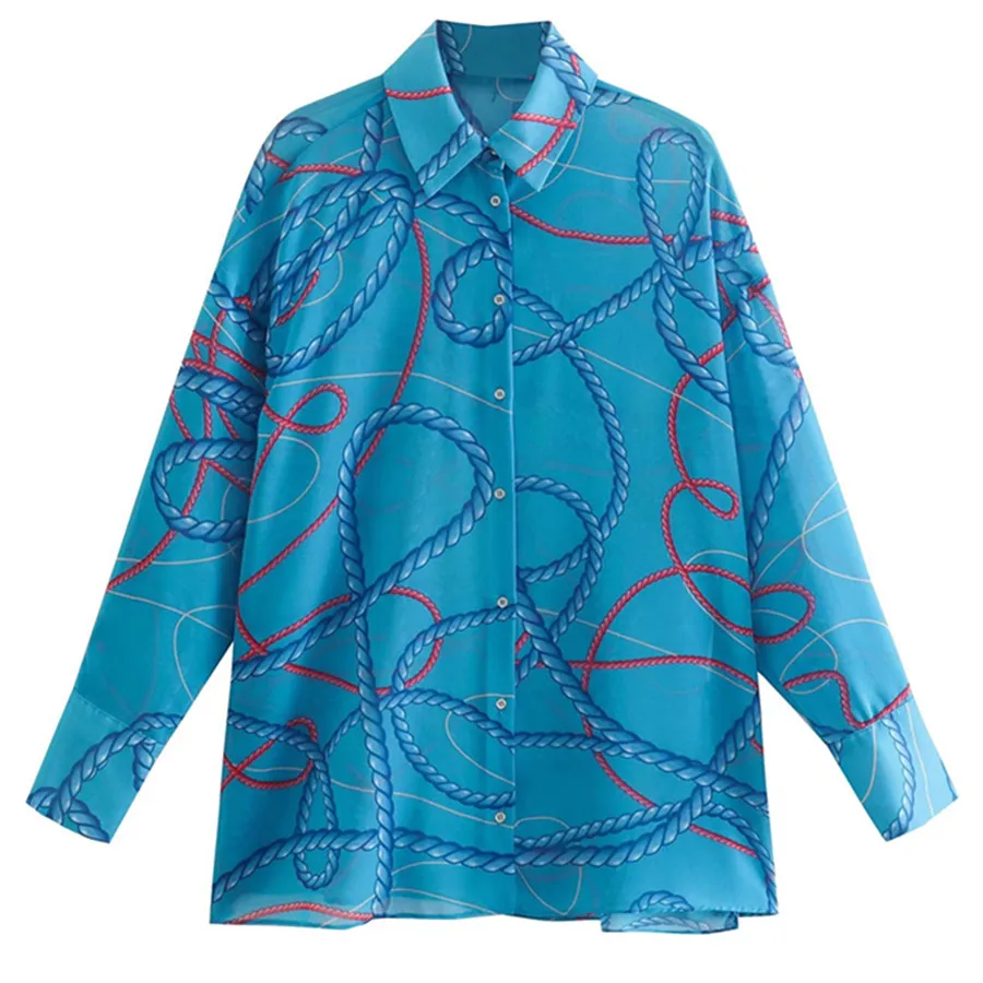 

Withered 2022 England Style Vintage Chain Printing Fashion Blouse Women Long SLeeve Chiffon Elegant Casual Shirt Women Tops
