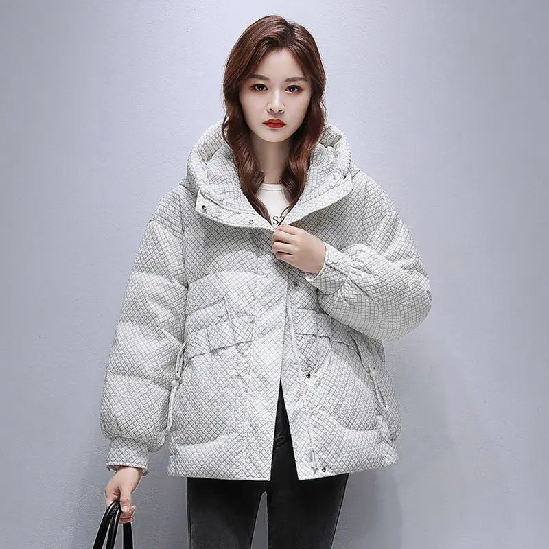 2023 Winter Women's Fashion Short White Duck Down Coats Female Thicken Warm Hooded Jackets Ladies Loose Plaid Overcoats Q87