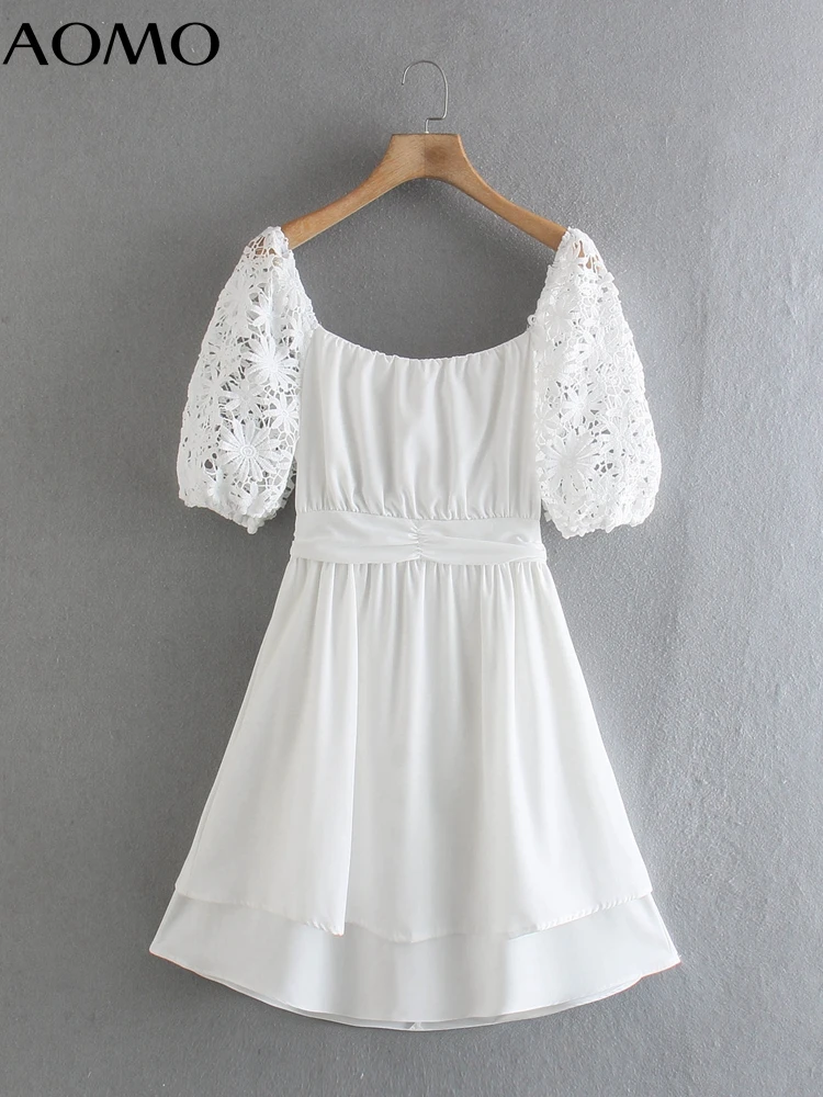 

AOMO 2022 Summer Women Lace Patchwork Backless Dress Puff Short Sleeve Ladies White Dress Vestidos 8Y57A