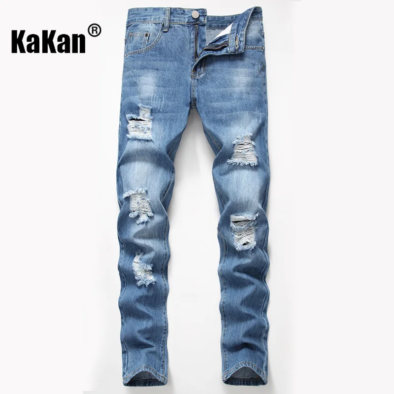 Kakan - New European and American Style Ripped Straight Leg Jeans for Men, Blue Distressed Washed Casual Jeans K36-339