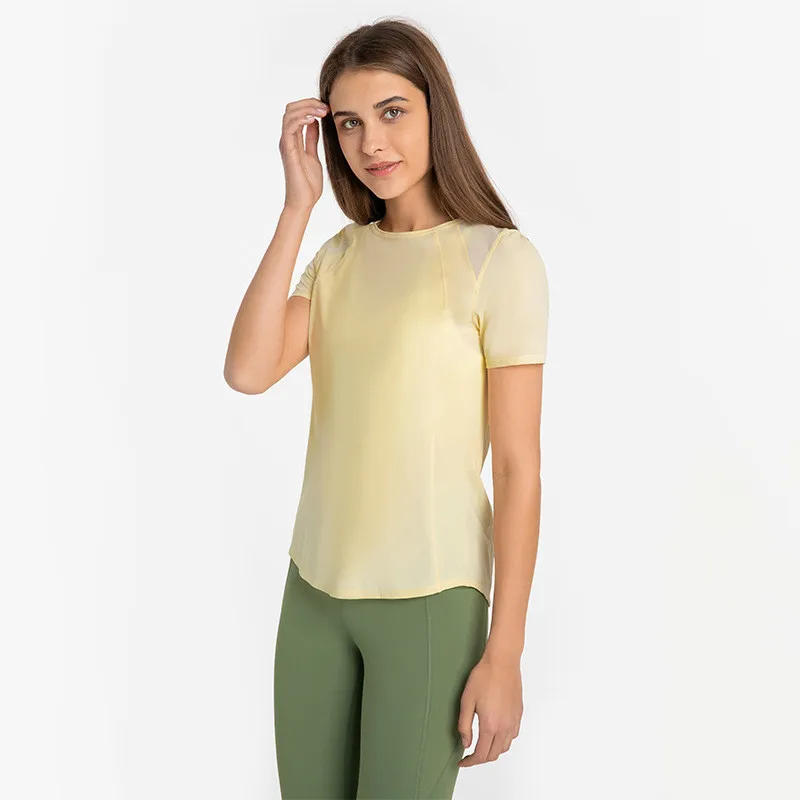 Solid Color Fitness Loose Yoga Shirt Gym Short Sleeves Mesh Hollow Sports Top Women T-shirt Comprehensive Training Breathable