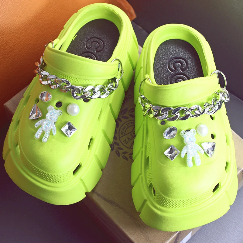 6.5 CM Platform Sliver Rhinestone Cartoon Bear Decor Vented Clogs Slides Women Shoes Outdoor Beach Sandals Summer Girls Slippers