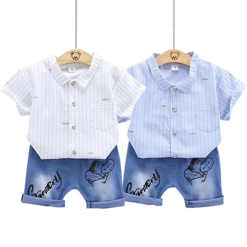 

Children's gentleman summer clothes striped short sleeve tops + white shorts 2 pcs clothing sets for kids baby boys party suits
