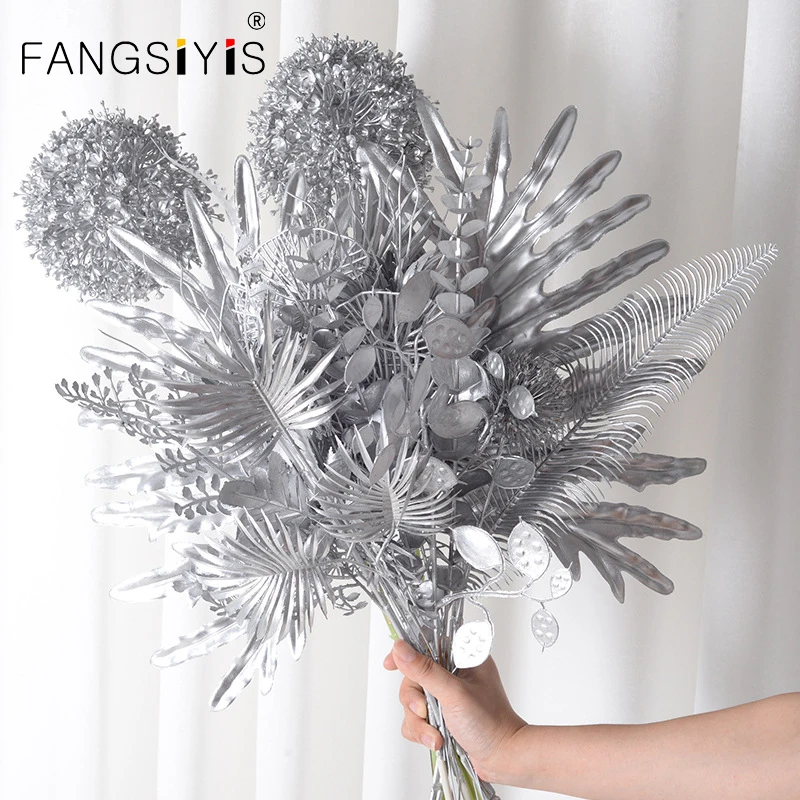 

Wedding Silver Series Flowers Leaves Material Stage Party Artificial Flower Row Christmas Theme Floral Arrangement Home Decor