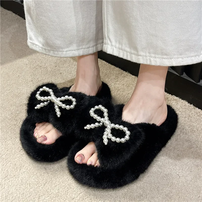 

2024New Autumn/Winter Fashion Comfortable Flat Shoes Plush Round Head Pearl Butterfly Knot Open Toe Sexy Casual Home Cotton Drag