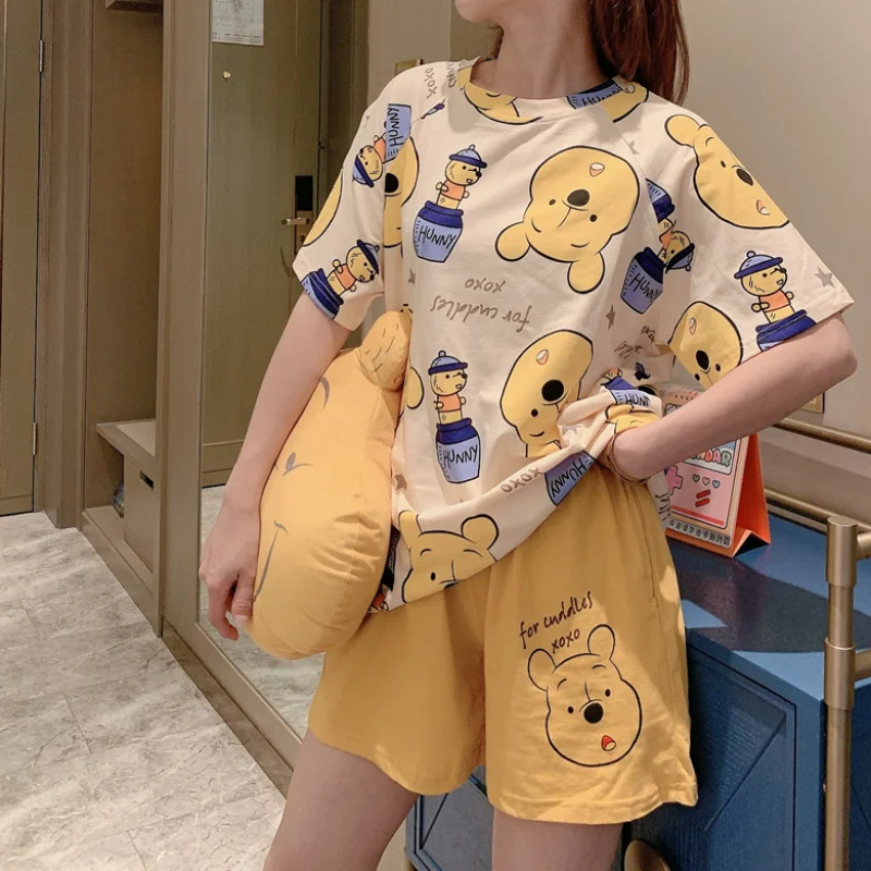 

M-2XL Oversize Disney Anime Winnie the Pooh Kawaii Pjamas for Women Short Sleeve T Shirt and Shorts Casual Home Wear Shorts Sets