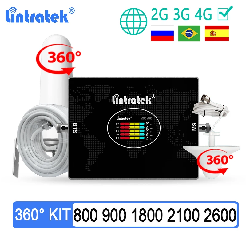 

Lintratek 5 Band Signal Amplifier 2G 3G 4G LTE 800 900 1800 2100 2600 Band7 Cellular Signal Booster Repeater 360° Antenna Kit