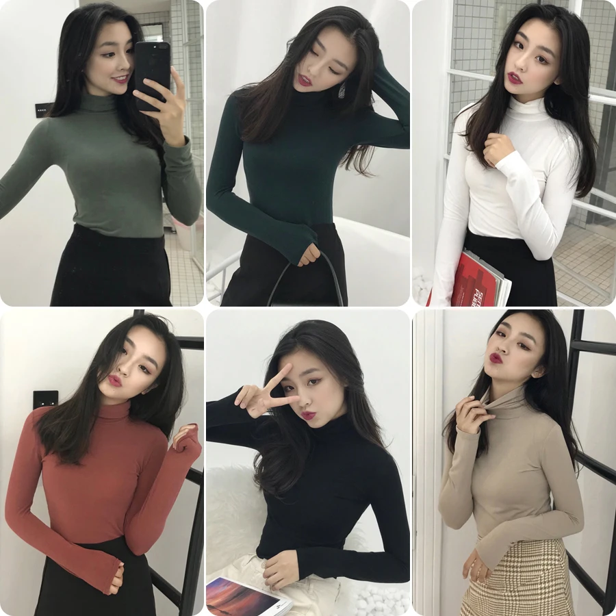 

New Cotton Women's T-shirt Casual Fashion Solid Color Long Sleeves Turtleneck Bottoming T shirt Houthion