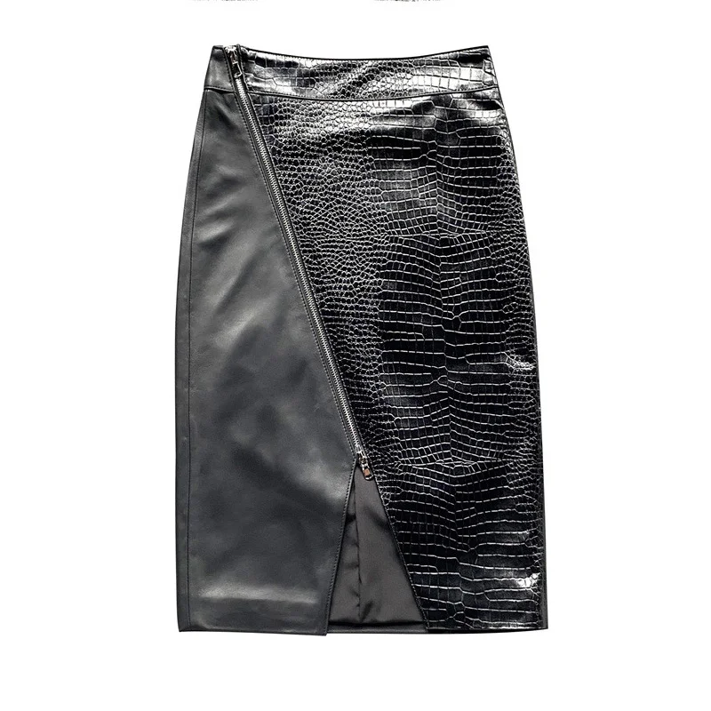 

Genuine Sheepskin Long Skirts Women 2023 New Design Patent Leather Split Skirt Lady Luxury Slim TF5014