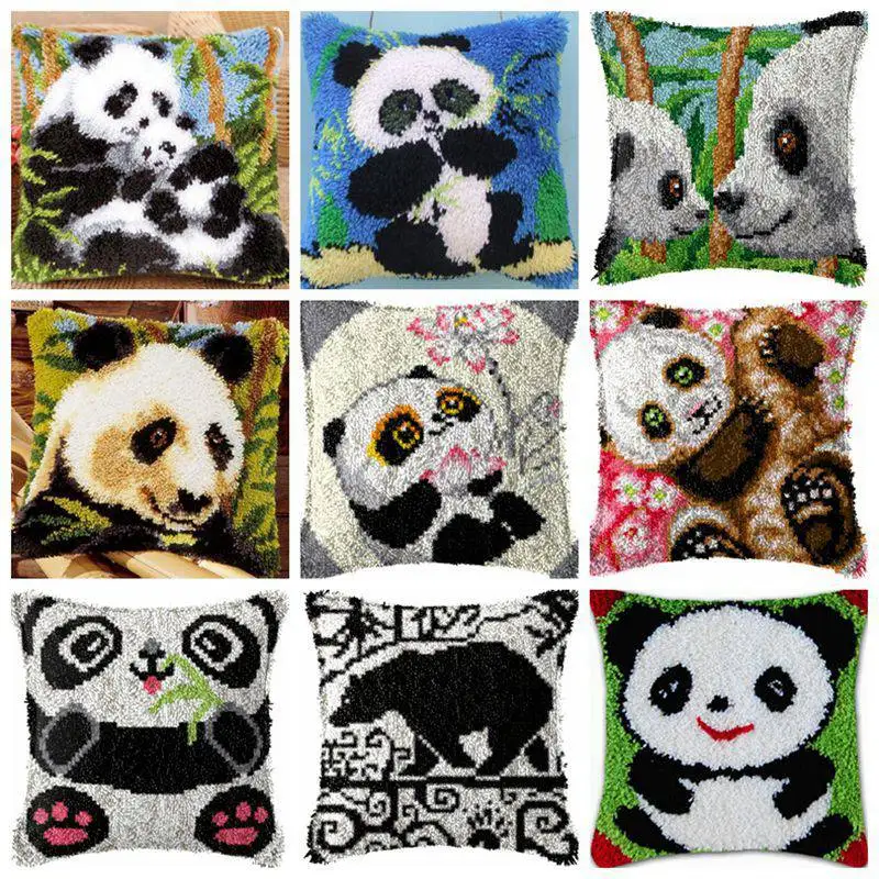 

Cute Panda Series Latch Hook kits Cartoon Animals Canvas For Embroidery Latch Hook Rug Kits For Adults Knot Pillow Package DIY