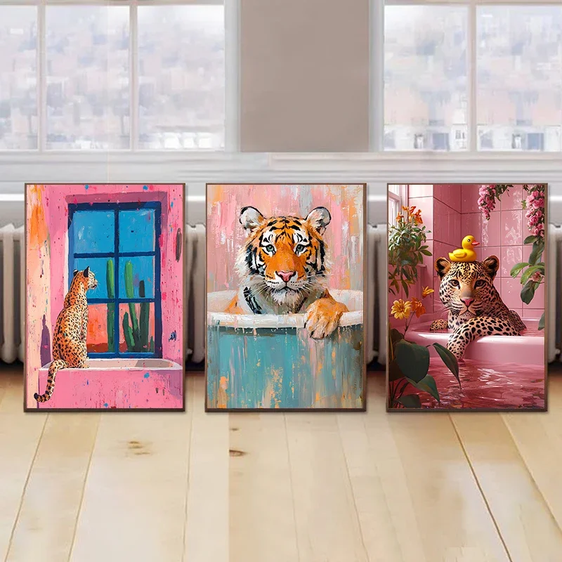 Эклектический цветной постер с животным принтом черный кот гепард в ванне