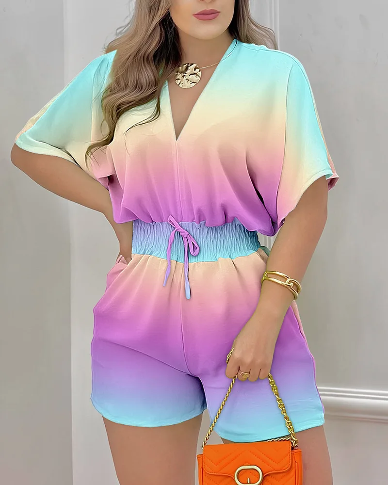 

Women Elegant Fashion High Waist Corset Loose Summer Vacation Overalls Shorts Ombre Batwing Sleeve Shirred Waist Romper Playsuit