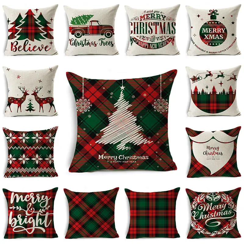 

Christmas gift Christmas pillowcase Red green pattern lattice sofa car cushion home decoration linen cushion cover 45*45cm