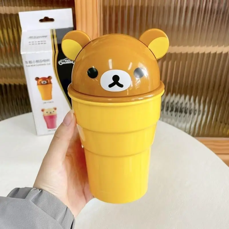 Фото Настольная мусорная корзина Rilakkuma в форме чашки с откидной крышкой, декоративный органайзер для хранения, автомобильный контейнер для мусора, подарок на день рождения №3