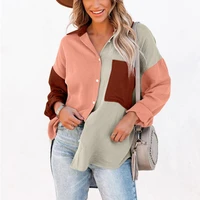 spring autumn lapel long sleeves patch pocket single breasted lady shirt patchwork color casual shirt coat female clothing