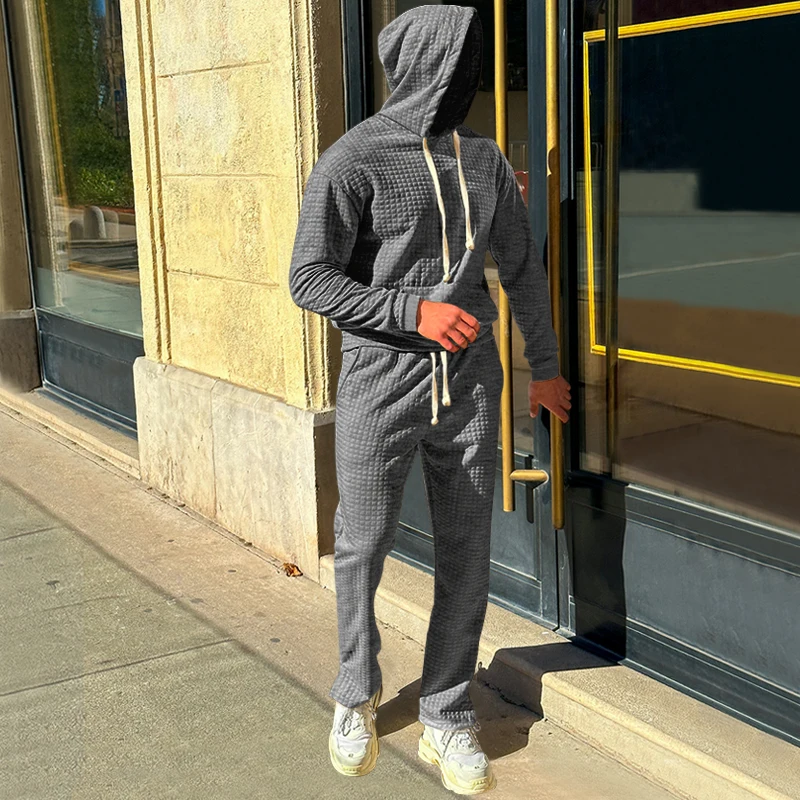 New Stlye Men's Hoodie 2pcs Set Hollow Plaid Quilted Cotton Hoodies Fabric Pullover Hooded Hoody Sweatshirt Hoodies Suit