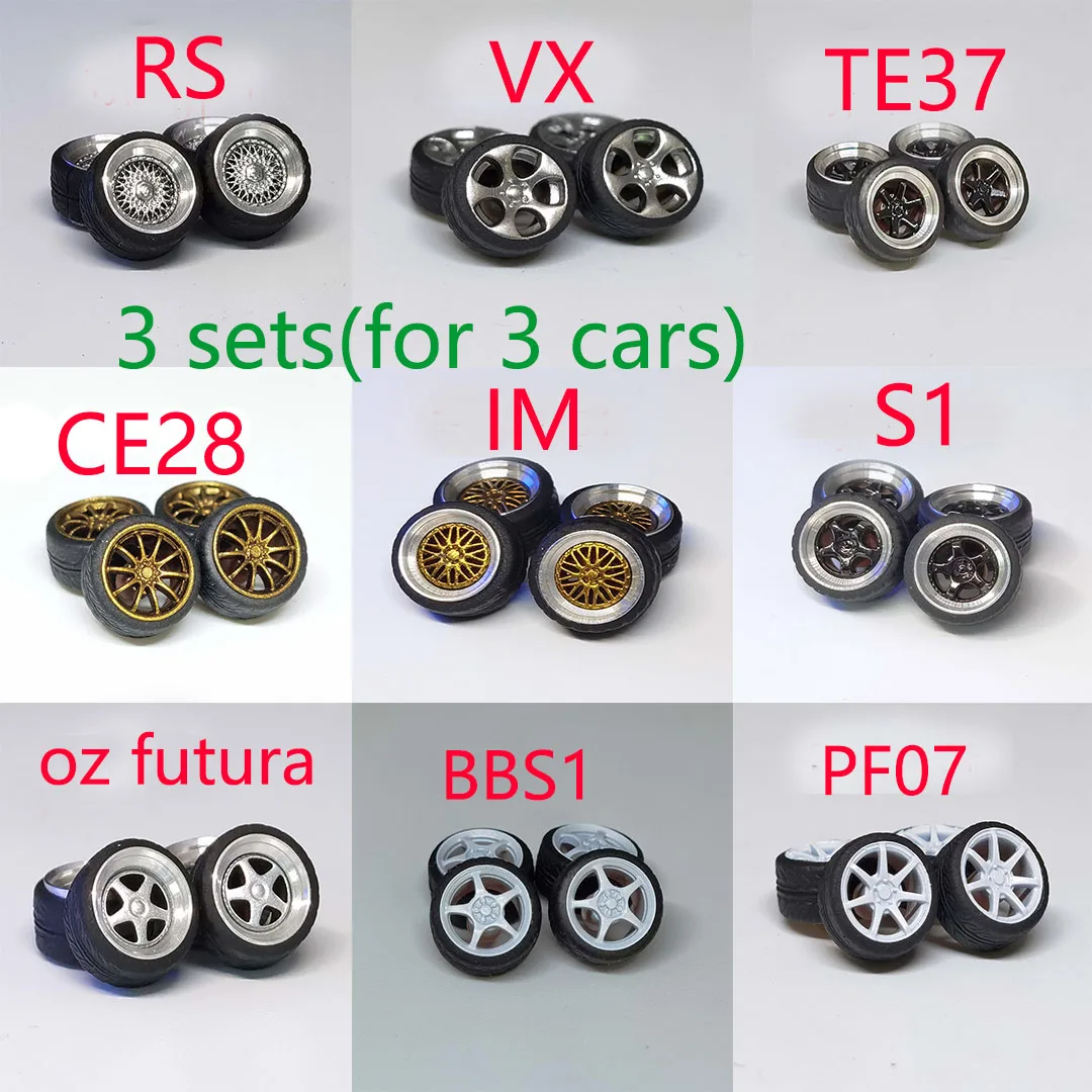 12 шт. (для 3 автомобилей) 1/64 хромированные колесные резиновые шины RS VX TE37 CE28 IM S1 AV08