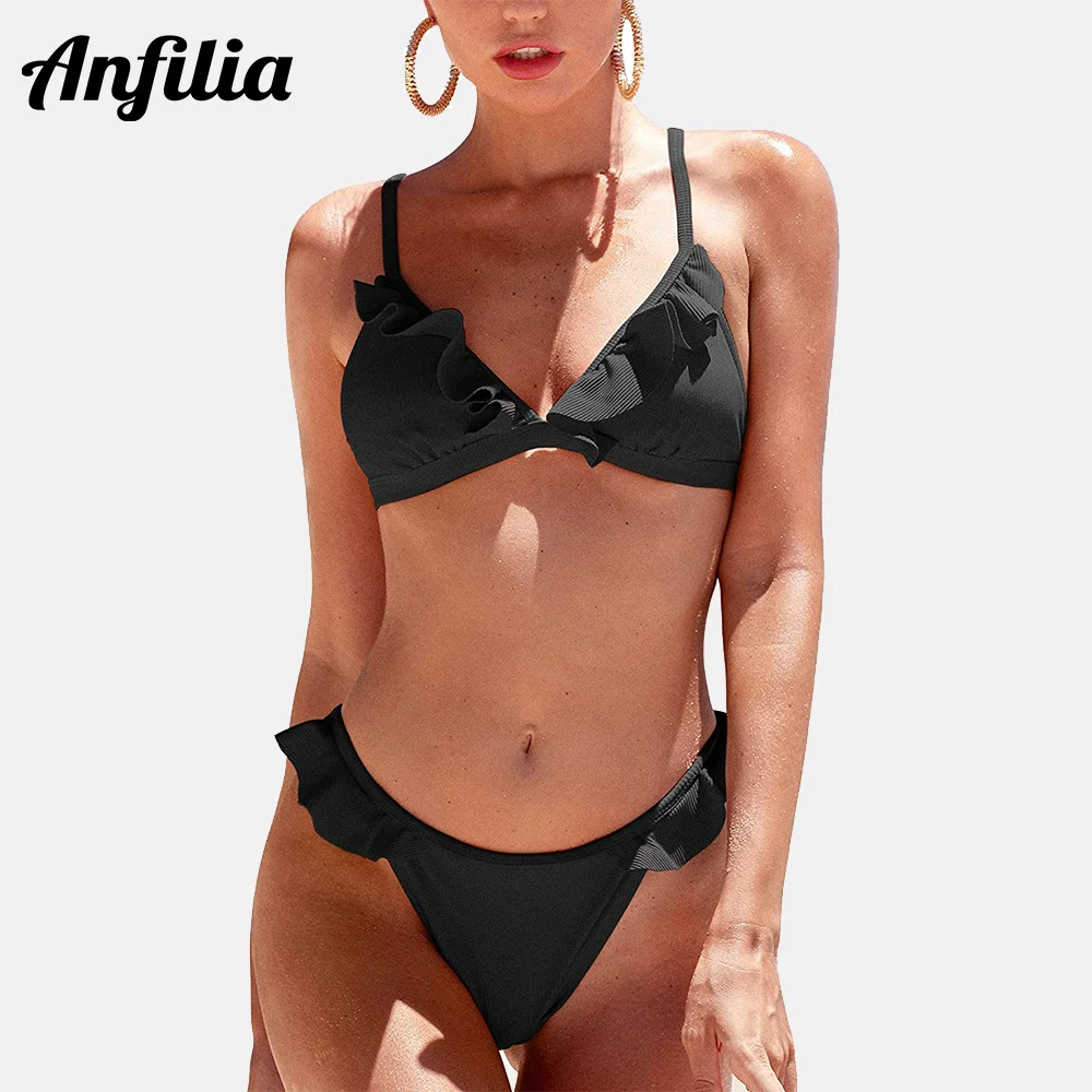 

Anfilia Women's Ribbed Bikinis Ruffle Triangle High Cut 2 Piece Bathing Suit Sexy V Neck Low Rise Swimwear