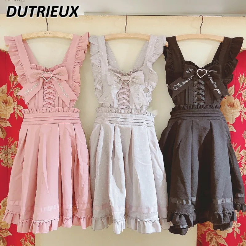 

Japanese Style New Soft Girl Retro Sweet Cute Mine Maid Style Suspender Dress JSK Lolita Sleeveless High Waist Kawaii Dress