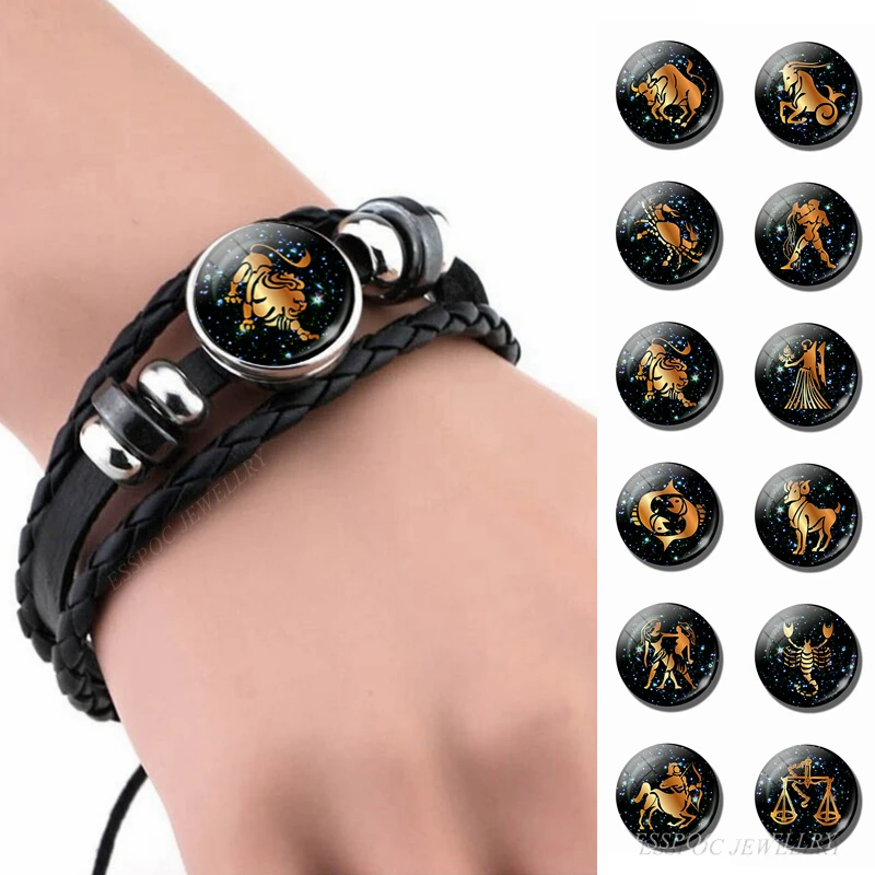 

12 Constellation Leather Bracelet Zodiac Sign Handmade Glass Cabochon Black Punk Mens Jewelry Horoscope Astrology Birthday Gift