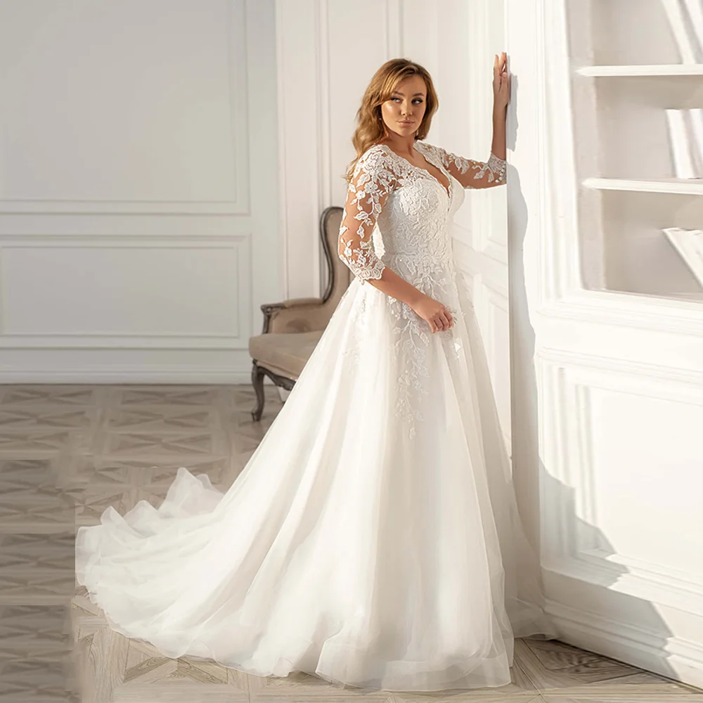 Купи Modest Plus Size Wedding Dress 2023 V Neck Three Quarter Sleeves Lace Applique A Line Tulle Bridal Gown Robe De Mariée Custom за 5,789 рублей в магазине AliExpress