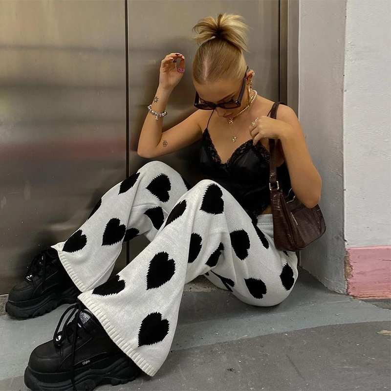 

Женские широкие брюки в стиле Харадзюку, черные вязаные мешковатые штаны в форме сердца с высокой талией, белые спортивные брюки-Капри, уличная одежда, Y2k