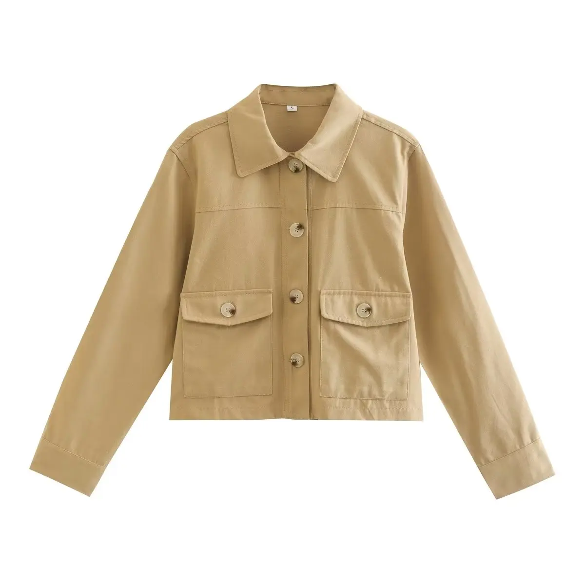 

Women New Fashion Flip pocket decoration Cropped Casual Shirt Coat Vintage Long Sleeve Button-up Female Outerwear Chic Overshirt