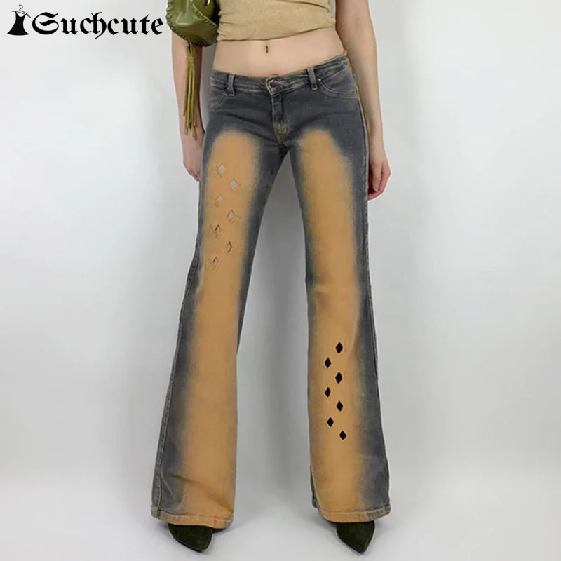 

Винтажные женские расклешенные джинсы со стразами, вышивкой и низкой посадкой