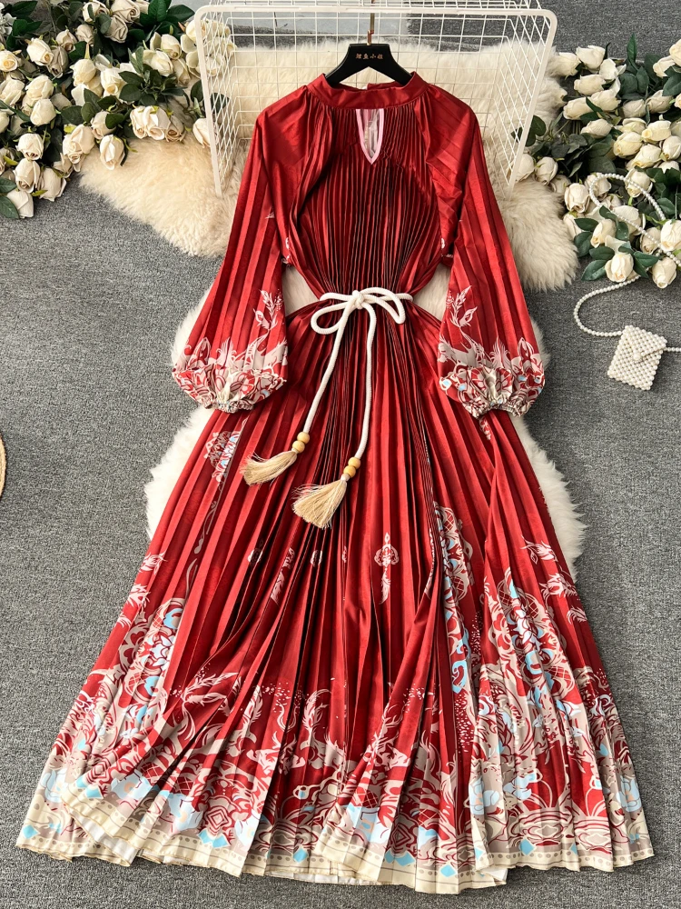 Женское длинное платье с рукавами-фонариками элегантное плиссированное