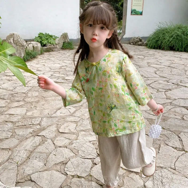 

Оригинальный костюм ханьфу из топа и брюк для девочек, летний детский Улучшенный цветочный дышащий Тонкий китайский Детский костюм Тан LE503
