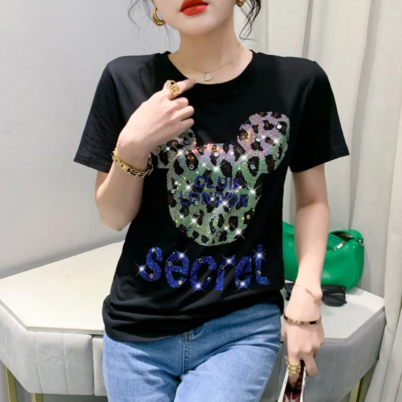 

#6184 Streetwear Tshirt Diamonds Cotton Short Sleeve T Shirt Women O-neck Slim Korean Style T-shirt Femme Black White Red Green