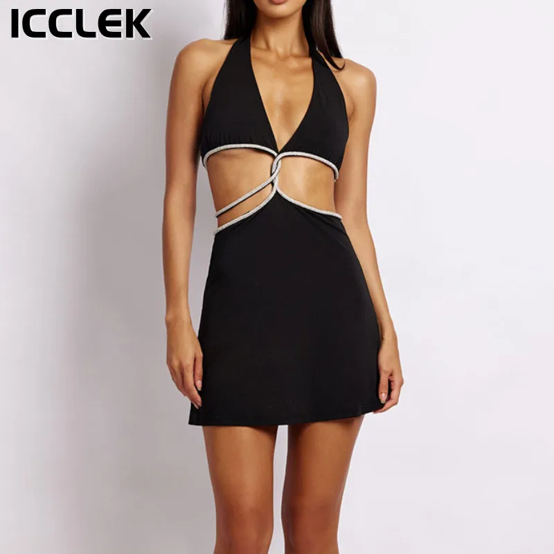 

Sexy Deep V Cutout Halter Mini Dresses for Women 2022 Summer Sleeveless A Line Suspender Dress Nightclub Party Dresses Vestidos