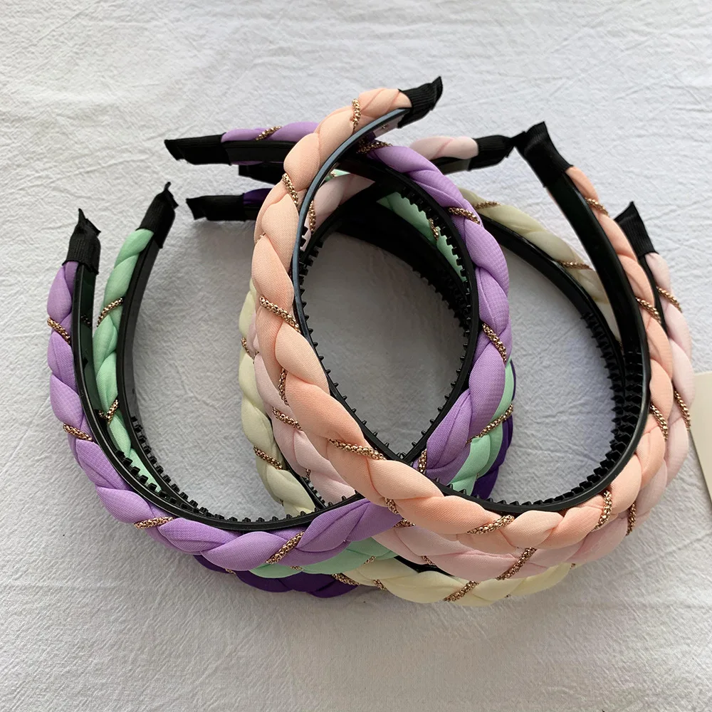 

New Solid Color Gold Chain Braid Headband with Teeth Hair Accessories Korean Twists Hairband Women and Girls Head Wear
