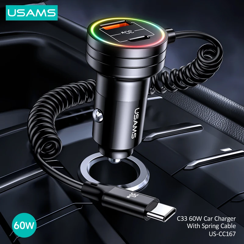 

USAMS C33 60W Car Charger For iPhone 14 Pro Max Xiaomi Huawei USB Type C PD Charge Fast Charging For Macbook iPad Pro Laptop