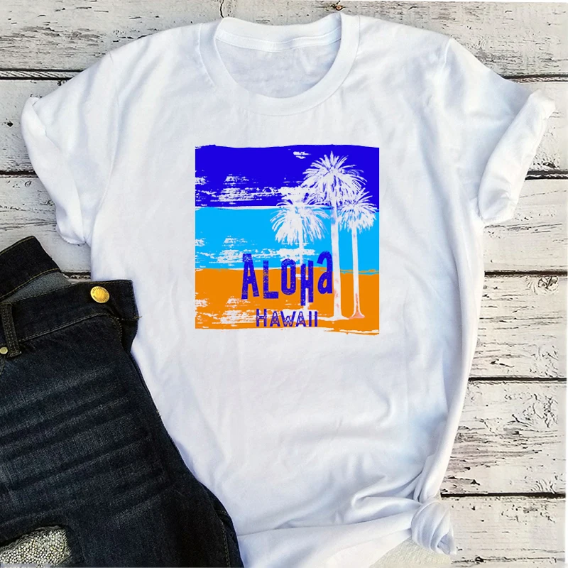 

Hawaii Beach Graphic T Shirts Retro Aesthetic Vintage Oversized Tee White Coconut Tree Hawaii Tshirt Women Summer M