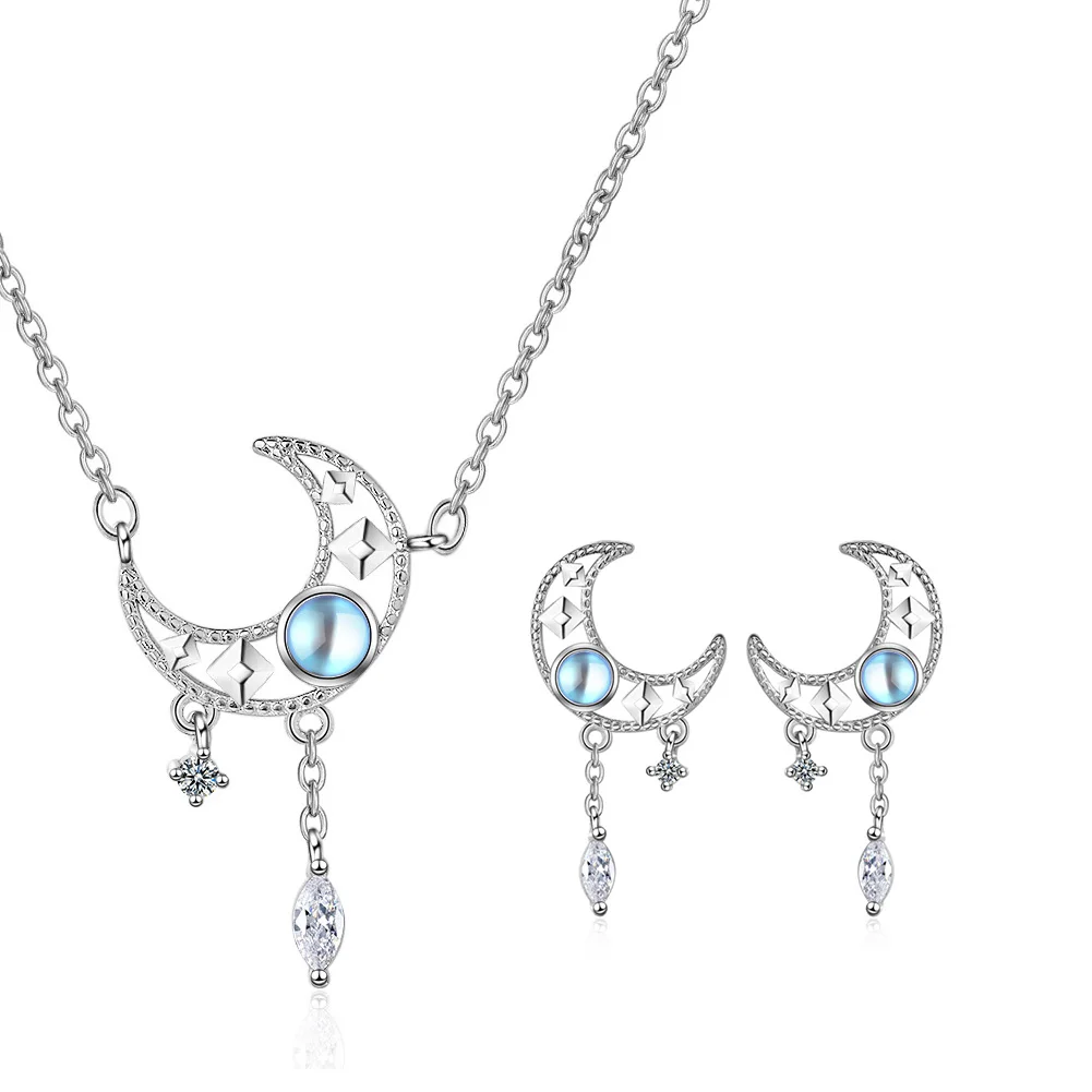 

925 Stamp 925 Stamp Silver Jewelry Set Moon Stud Earrings For Women Wedding Necklaces Crystal Fashion Elegant Party Girl Gift