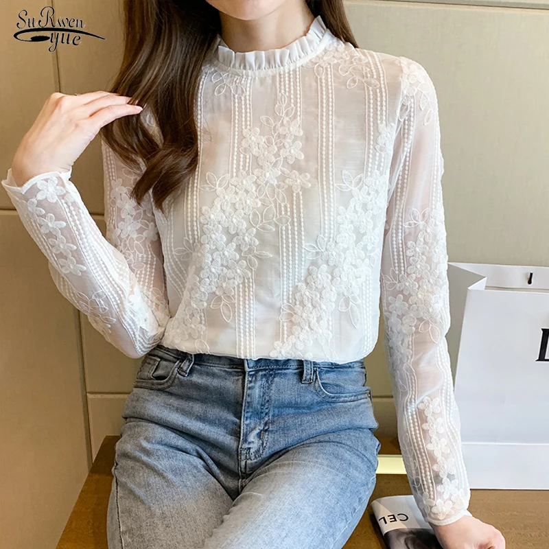 

Embroidery Flowers Lace Blouse Women Stand Collar Long Sleeve Vintage Blouses Tops Loose Slim Elegant White Shirts Female 18935