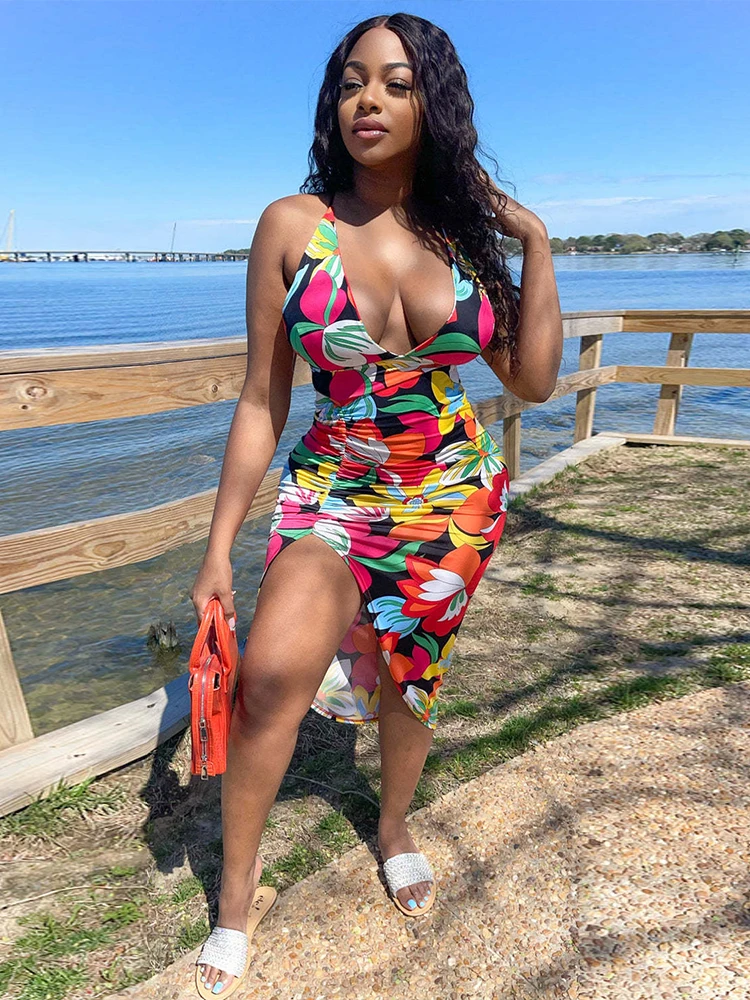 

Party Club Print Side Spilt Dress for Women Halter Deep V-neck Open Back Bodycon Midi Dresses Sexy Excellent Summer Vestidos