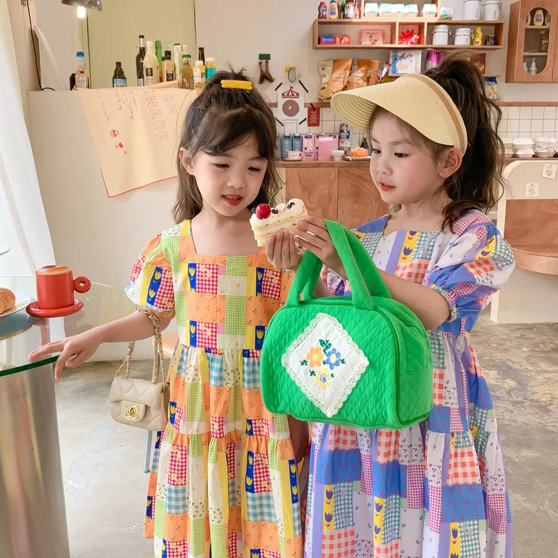 

Girls Fashion Square Collar Plaid Pattern Dress Little Princess Puff Sleeve 2 Colors Dresses