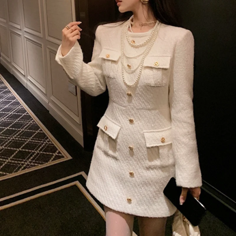 French White Long-sleeved Round Collar Tweed Dress Small Fragrant Wind Korea Shine Elegant Party Mini Female Dress Spring Autumn