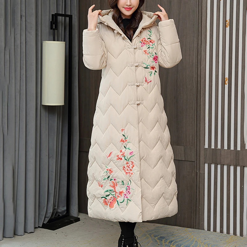 Parka Women Embroidered Clothes Lengthened Over Knee Loose Cotton Padded Jacket Chinese Style National Style Jacket